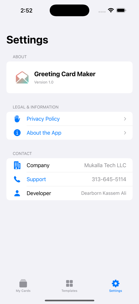 AI Card Maker - Menú de configuración de la aplicación Creador de Tarjetas IA mostrando información de contacto del desarrollador y soporte.