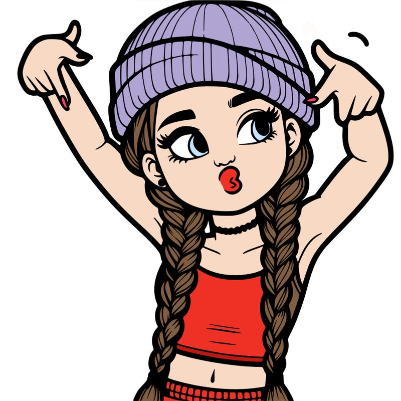 realistic teenage girl with braids and a beanie and crop top doing 🫶🏼