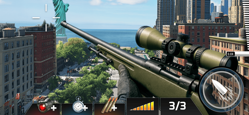 Kill Shot Bravo: Sniper Games - First-person view of a sniper rifle aiming at an urban city with the Statue of Liberty in the background