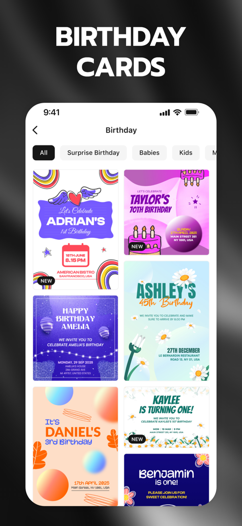 Invitation Maker + RSVP - Uma coleção de modelos de convites de aniversário coloridos e criativos para diferentes faixas etárias no aplicativo.