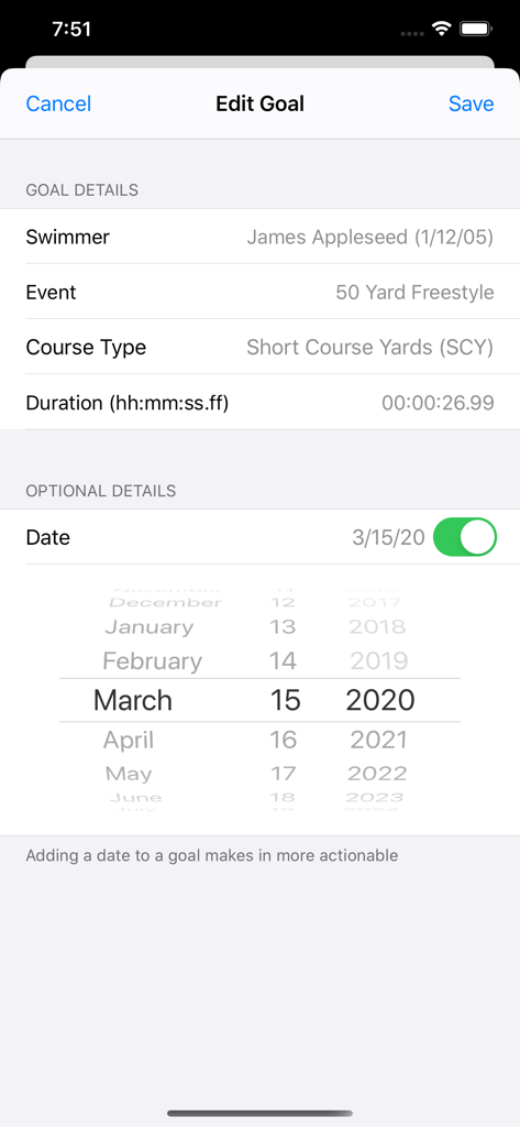Edit Goal screen in the RaceKeeper Swim app showing details for a 50 yard freestyle event.
