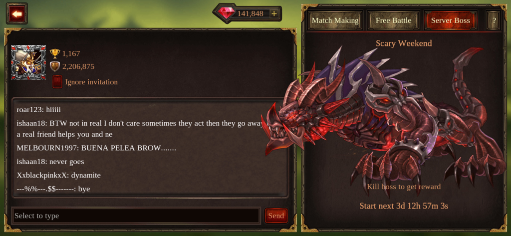 Hero Wars - stick fight - TCG - Hero Wars game interface with server boss dragon and player chat