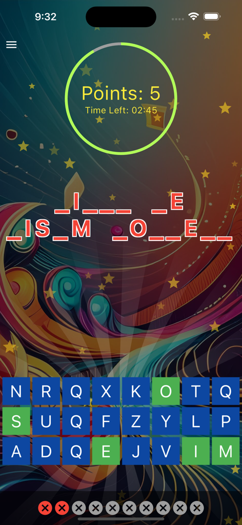 Atomia Games: Multiplayer Fun - Gameplay screenshot of a multiplayer word puzzle showing a phrase to solve and a letter selection grid