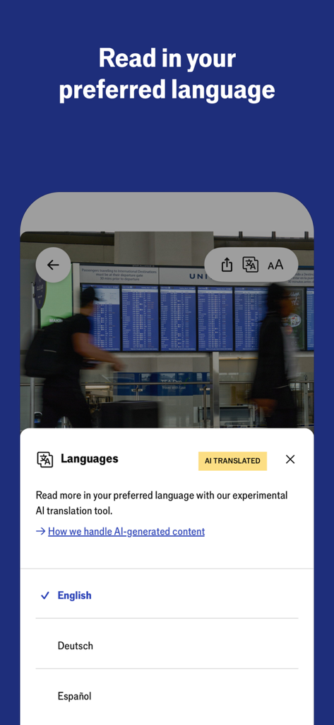 Espresso from The Economist - Screenshot of Espresso from The Economist app showing the AI-powered language translation selection menu with options for English, German, and Spanish.