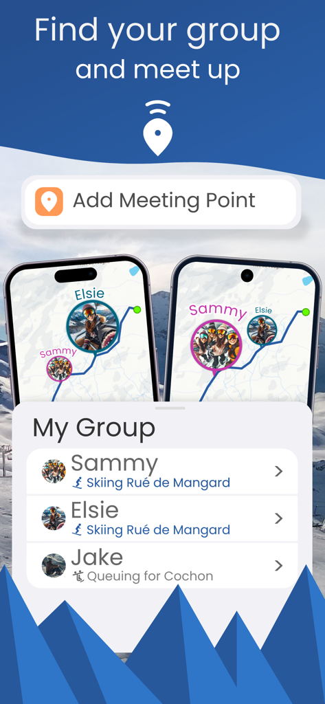 Piste: Ski Tracker - Interface mobile de l'application Piste montrant les emplacements des membres du groupe en temps réel sur une carte de ski et des mises à jour de statut.