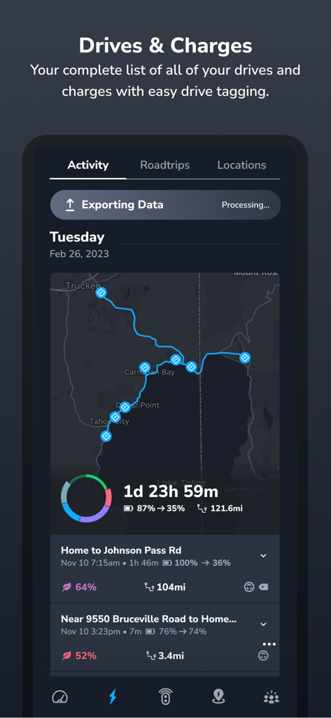 TezLab - For Tesla/Rivian - TezLab app screenshot displaying a list of drives and charges with a route map.
