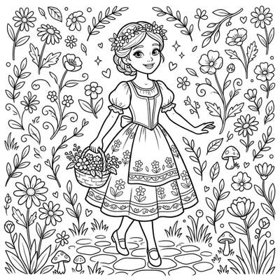 Step into the magical world of ballet with this enchanting Giselle coloring page, perfect for young fans. Join the innocent peasant girl as she gathers flowers in a whimsical garden, ready for your creative touch.