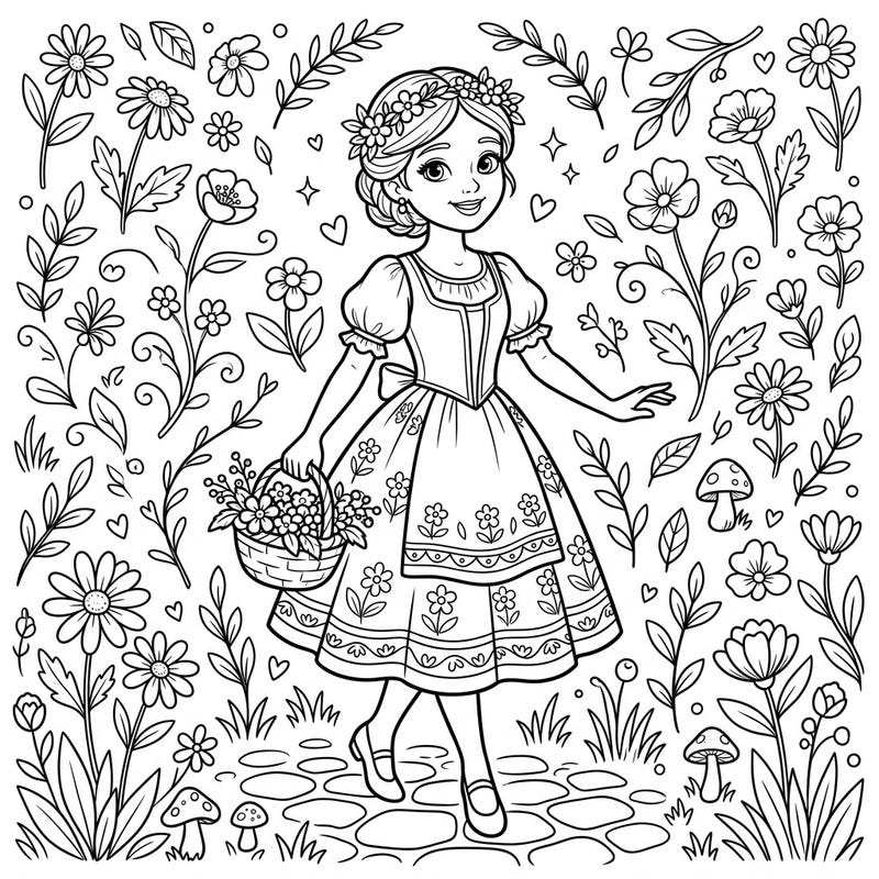 Step into the magical world of ballet with this enchanting Giselle coloring page, perfect for young fans. Join the innocent peasant girl as she gathers flowers in a whimsical garden, ready for your creative touch.