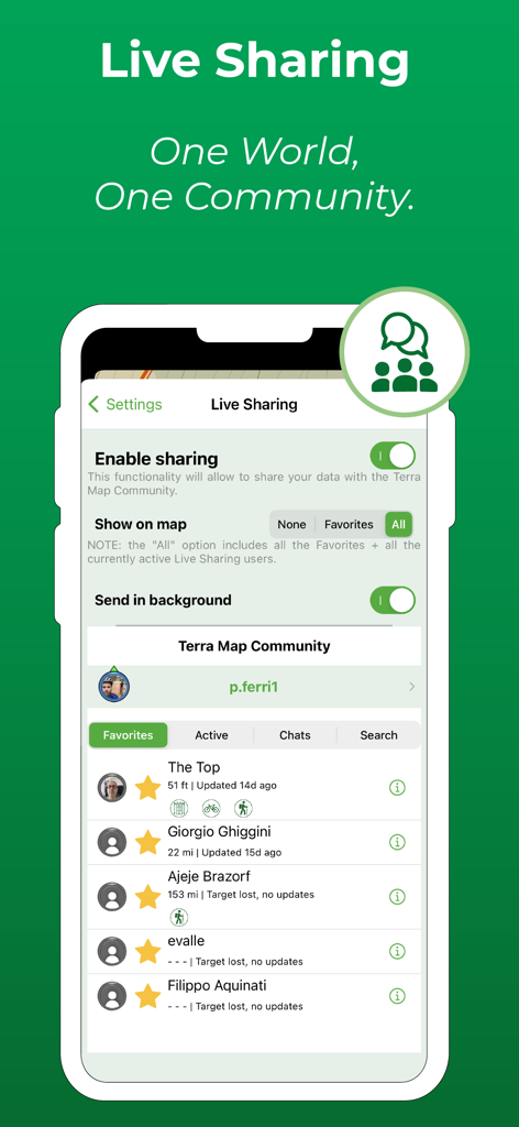 Terra Map - Trail Explorer - Terra Map app interface showing the Live Sharing feature with community member locations and safety tracking settings