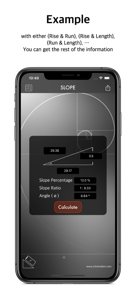 Slope Calculation Tool - iPhone screen showing a slope calculation example with rise run and length inputs resulting in slope percentage ratio and angle