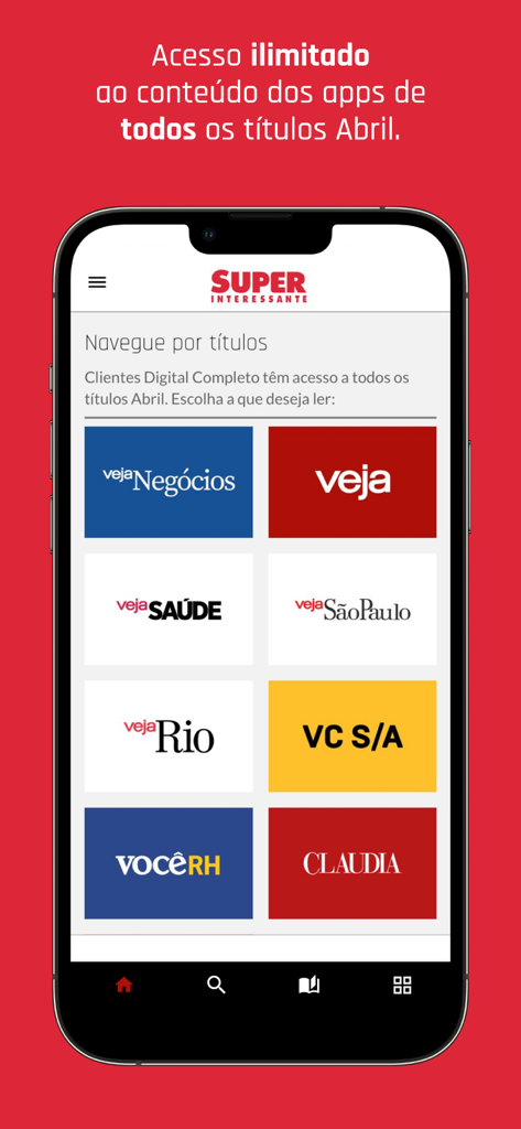 SUPERINTERESSANTE - Smartphone screen showing the Superinteressante app interface with a grid of various Brazilian magazine titles from the Abril bundle