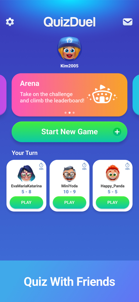 QuizDuel! Trivia & Quiz game - Tela inicial do aplicativo QuizDuel mostrando partidas de trivia ativas e avatares de amigos
