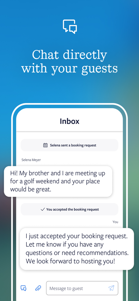 Écran de messagerie de l'application Vrbo Propriétaire montrant un chat direct entre un propriétaire et un voyageur concernant une demande de réservation