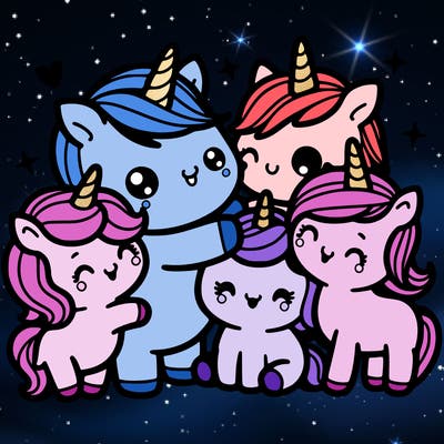 kawaii unicorn with friends