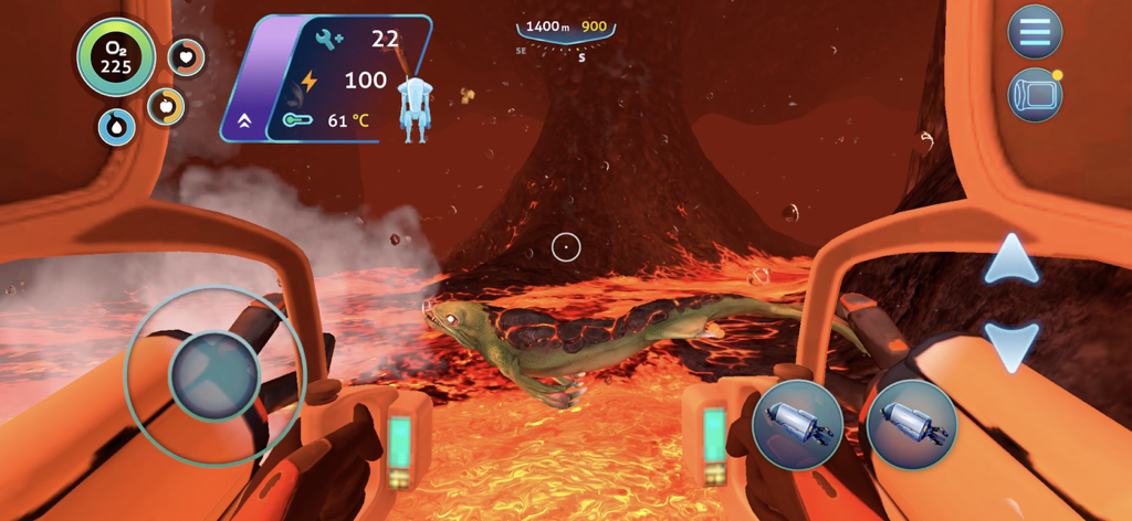 Subnautica - Vista in prima persona da un veicolo Prawn Suit che esplora un bioma subacqueo pieno di lava in Subnautica per iOS.