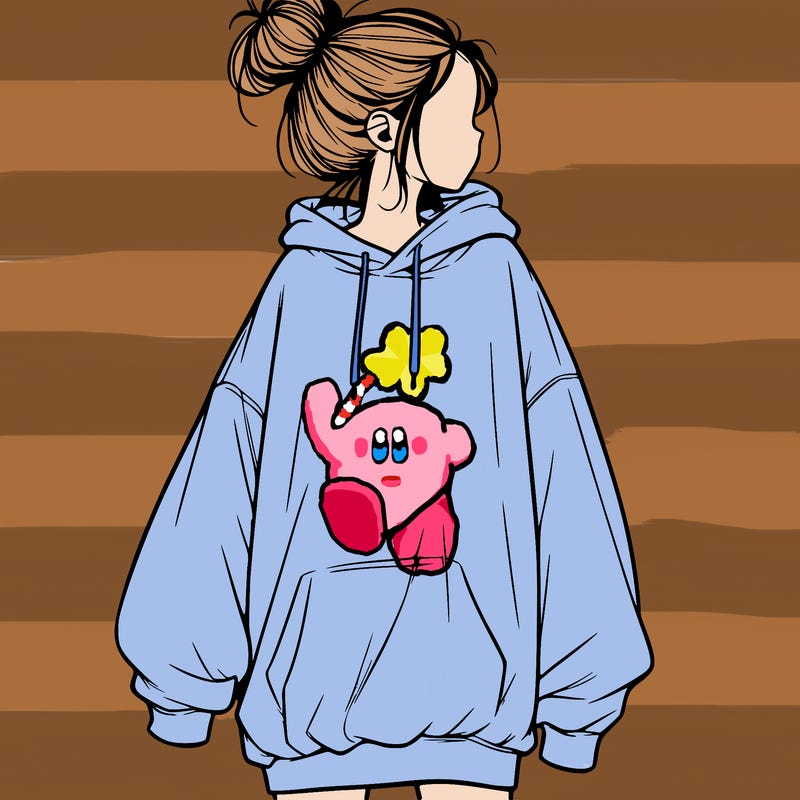 realistic girl with a oversized sweatshirt on and a bun