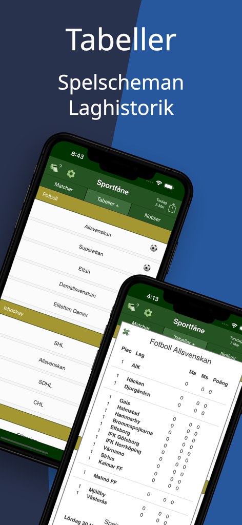 Sportfåne - Målservice - Capturas de pantalla de la aplicación Sportfane que muestran tablas de ligas y horarios de partidos de fútbol y hockey suecos