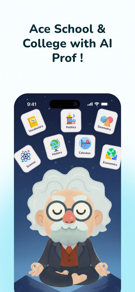 Professor Curious (fka ZuAI) - Professor Curious app home screen with AI professor and school subject icons