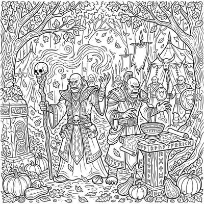 Step into a world where fantasy meets fall with this captivating Orc Warlocks coloring page. Explore a detailed scene of arcane rituals set amidst falling leaves and abundant autumn harvest.