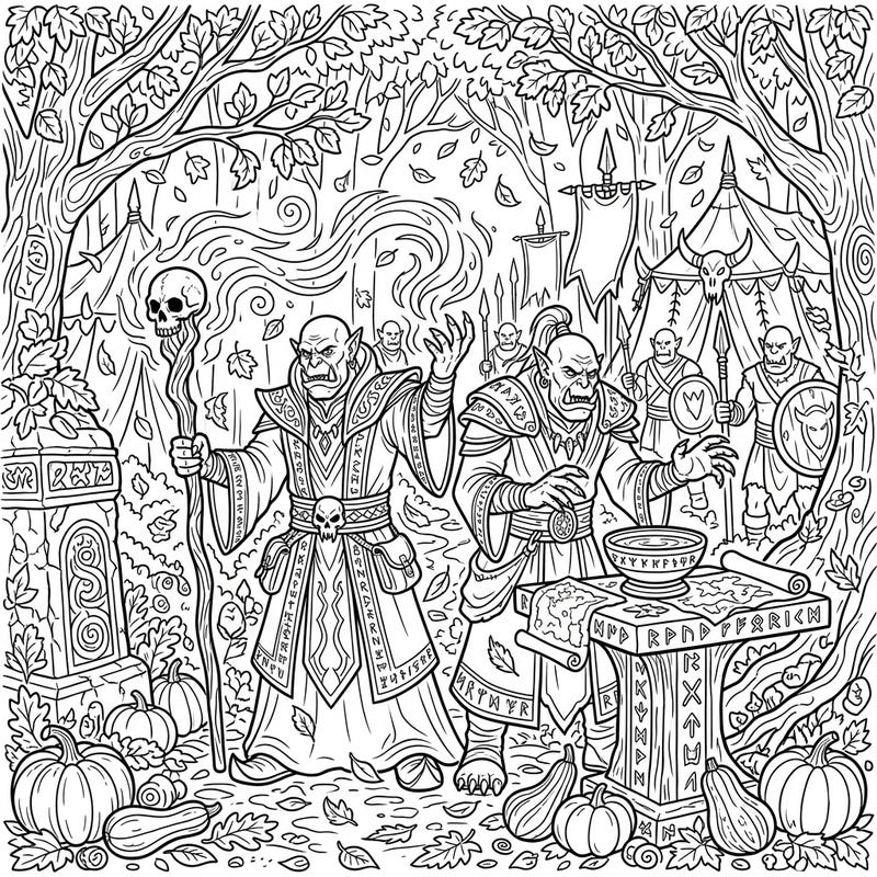 Step into a world where fantasy meets fall with this captivating Orc Warlocks coloring page. Explore a detailed scene of arcane rituals set amidst falling leaves and abundant autumn harvest.