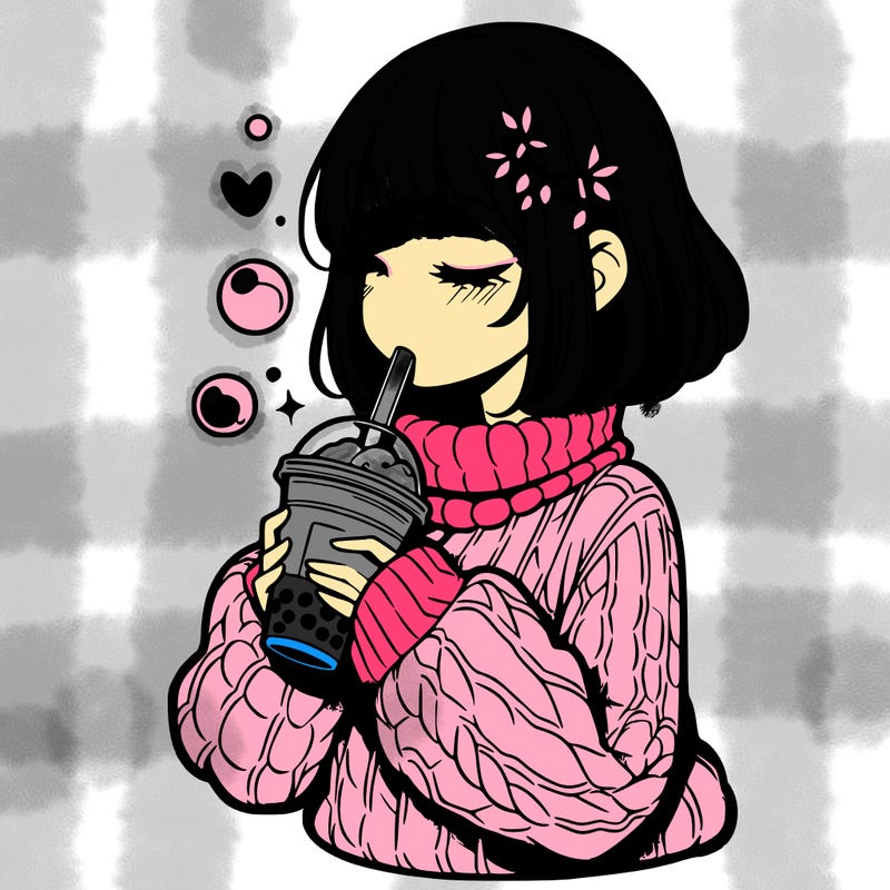 manga girl drinking boba in cozy sweater
