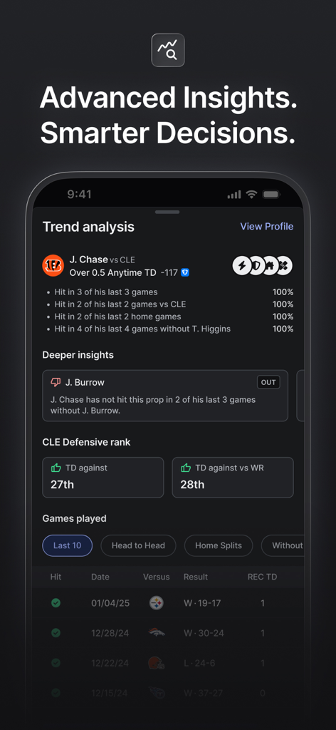Linemate app interface showing advanced player prop trends and betting insights for an NFL game