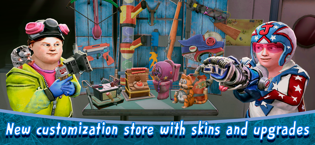 Ice Scream 8: Horror Games - Personnages dans le magasin de personnalisation présentant divers skins et améliorations d'armes dans Ice Scream 8