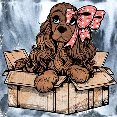 a spaniel american cocker with a beautiful bow coming out if a box realistic cute