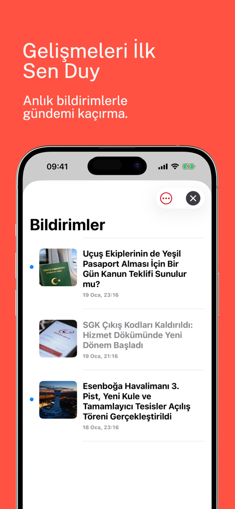 HavaSosyalMedya - Interface do aplicativo móvel HavaSosyalMedya mostrando uma lista de notificações recentes de notícias de aviação em um smartphone