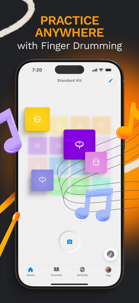 Beatlii: Drum Lessons - Beatlii app screen showing the finger drumming practice feature with colorful drum pads