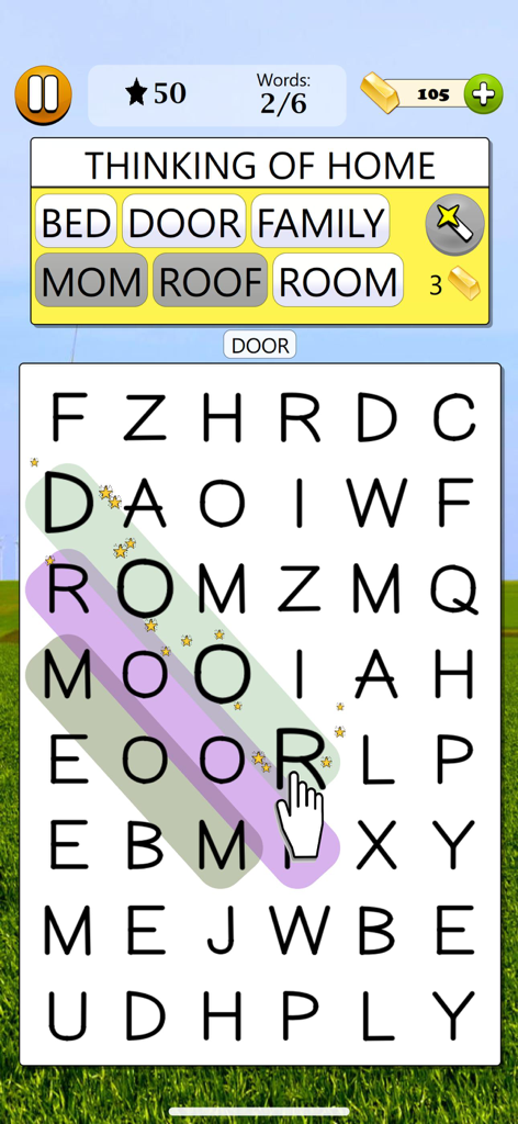Word Search - Word Game - 집 생각 테마 아래 그리드와 강조 표시된 단어가 있는 단어 검색 모바일 게임 인터페이스.