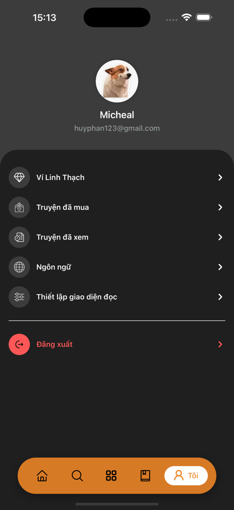 Webnovel.vn – Truyện & Sách - Interfaz del perfil de usuario de la aplicación Webnovel.vn que muestra la configuración de la cuenta y las preferencias de lectura.