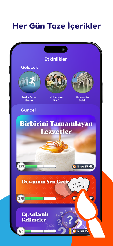 Aplicación móvil TRT Bil Bakalım que muestra eventos diarios de trivia y categorías en turco