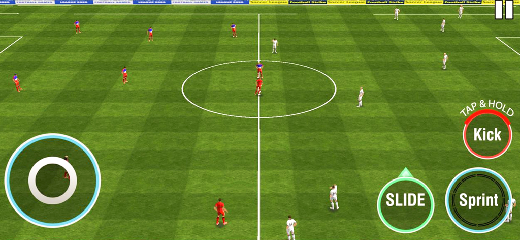 Soccer League Football Strike - Vista de arriba hacia abajo de un partido de fútbol en curso con controles móviles para patear, esprintar y deslizarse