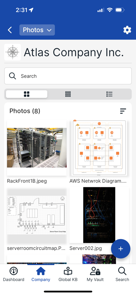 Hudu Mobile - Hudu Mobile app interface displaying stored client documentation photos including server rack images and network diagrams for Atlas Company Inc