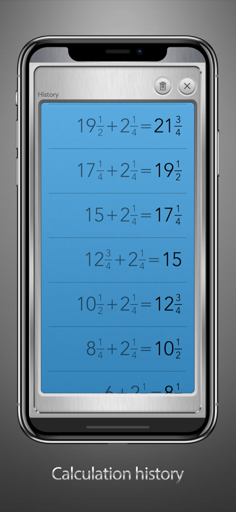 Calculation history screen showing a list of mixed number fraction additions