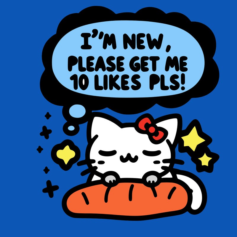 kitty taking a nap dream talking and saying "i'm new, please get me at least 10 likes pls!!"