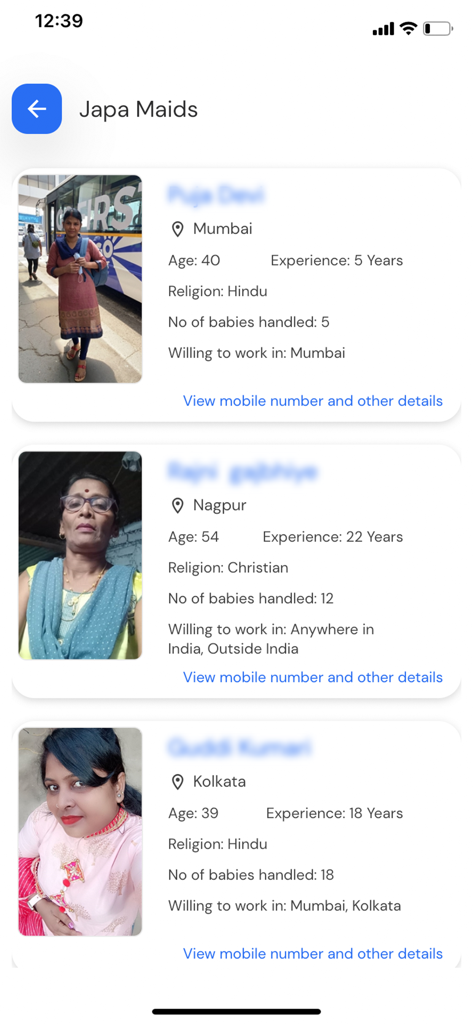 Bookmybai - Profiles of Japa Maids for post-natal care on the Bookmybai mobile app