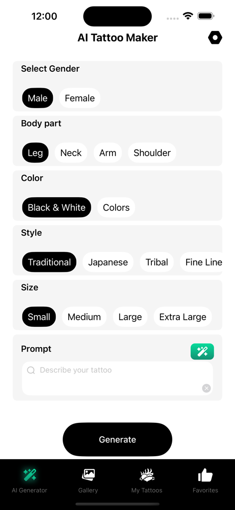 Tattoo Ai -  Art Maker - User interface of Tattoo AI Art Maker for selecting tattoo body placement style and custom text prompt generation