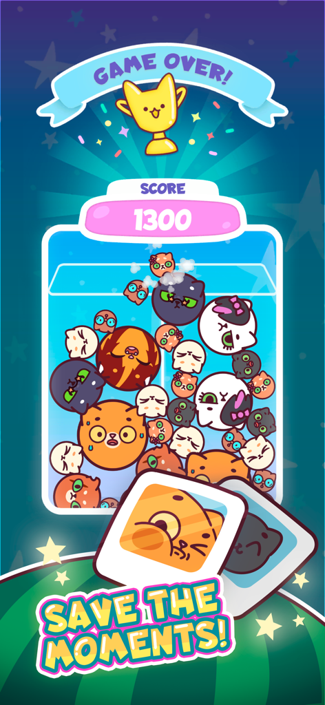 Game over screen of Watermelon Cats showing a container filled with round colorful cats and a score of 1300