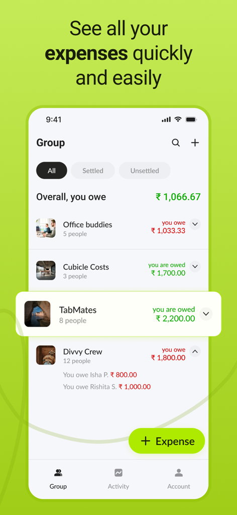 Settle up & Split rent: Splito - Interfaz de la aplicación Splito que muestra un resumen de los gastos grupales y saldos claros de lo que se debe y lo que está pendiente.