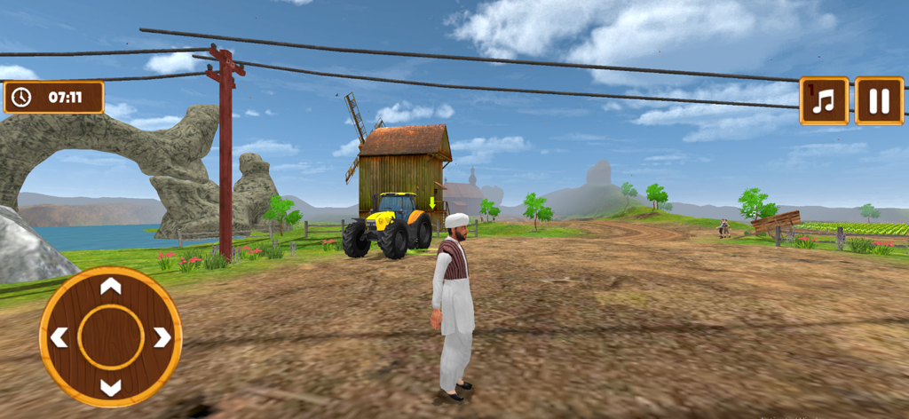 US Tractor Farming Game 2024 - A character standing in a 3D rural landscape next to a yellow tractor in the US Tractor Farming Game