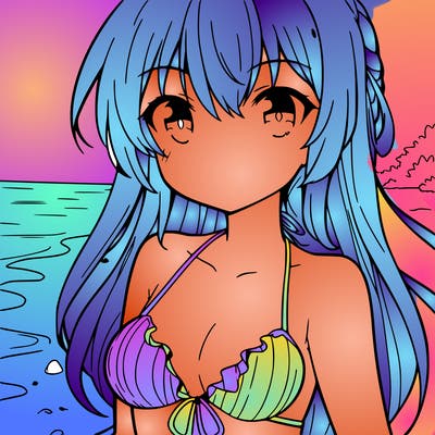 anime girl in a swimsuit at the beach