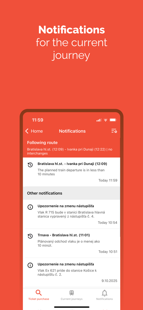 IDeme vlakom - Notification screen of the IDeme vlakom app displaying real time train departure alerts and platform updates