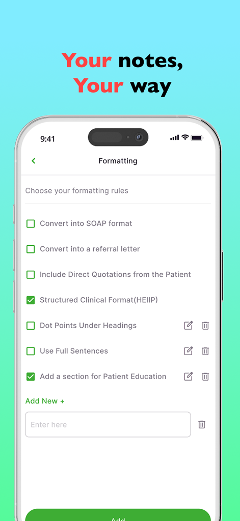 Mon AI - Una interfaz móvil de la aplicación Mon AI que muestra opciones de formato de notas clínicas personalizables, como el formato SOAP y cartas de derivación