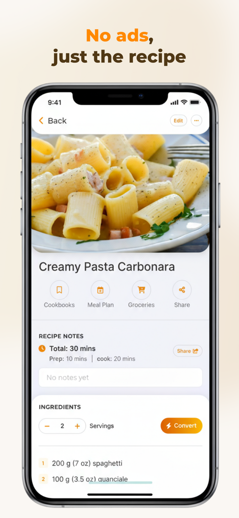 Youmeal-App-Oberfläche mit einem cremigen Pasta-Carbonara-Rezept mit Zutaten und Zubereitungszeit