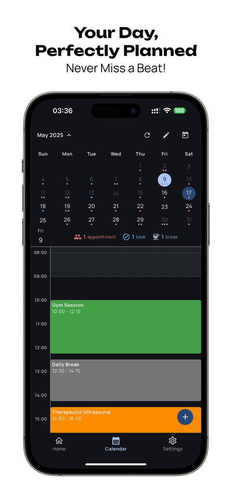 Bookora Calendar - Interfaz de la aplicación móvil Bookora Calendar mostrando una agenda diaria codificada por colores con una vista de calendario mensual y citas para un profesional de servicios