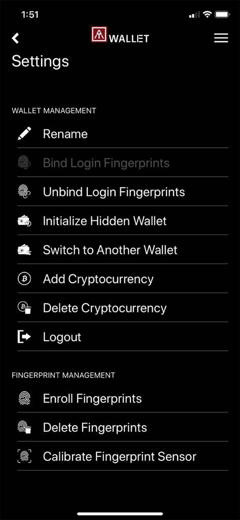 AT.Wallet - Menu de configurações do aplicativo AT.Wallet para gerenciar carteiras e segurança biométrica de impressão digital.