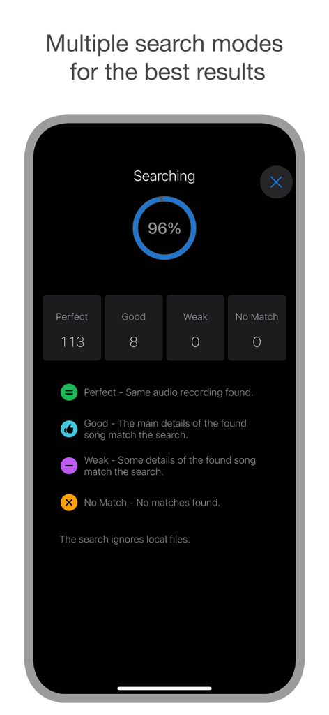 Ein Screenshot der Music Playlist Transfer App, der den Suchfortschritt und die Genauigkeitsstufen der Songübereinstimmung wie Perfekt und Gut anzeigt.