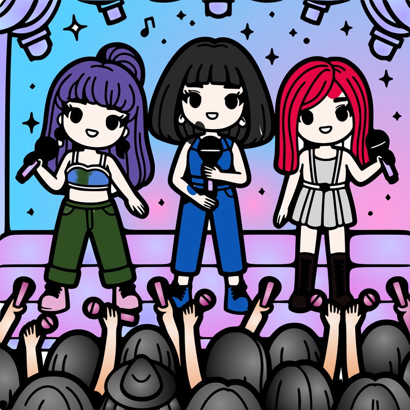 3 girls holding mics on stage with lots of fans